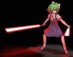  1girl ascot black_background black_footwear blue_skirt blue_vest bow closed_mouth collared_shirt commentary_request cookie_(touhou) daiyousei diyusi_(cookie) dual_wielding energy_sword expressionless flat_chest full_body green_eyes green_hair hair_bow holding holding_lightsaber lightsaber looking_afar mary_janes medium_hair one_eye_closed ponytail shirt shoes short_sleeves skirt socks solo star_wars sword touhou traveler_hxy unusually_open_eyes vest weapon white_shirt white_socks yellow_ascot yellow_bow 