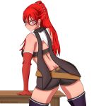  1girl absurdres ass bare_shoulders blush highres huge_ass ikusaba_maya isekai_one_turn_kill_nee-san:_ane_douhan_no_isekai_seikatsu_hajimemashita legs long_hair looking_at_viewer non-web_source red_eyes red_hair smile solo table thick_thighs thighs white_background 