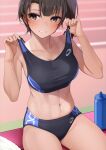  1girl abs adjusting_clothes black_buruma black_sports_bra breasts brown_eyes brown_hair buruma fed_(giba) highres original sitting solo sports_bra stomach sweat tan tanlines track_and_field 