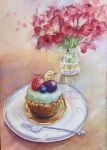  berry cake cupcake cutlery flower food fork fruit highres jar leaf no_humans ooy33151086 original painting_(medium) plant plate realistic red_flower signature still_life traditional_media water watercolor_(medium) 