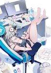  1girl barefoot blush breasts bukurote cellphone chair cleavage covered_nipples crossed_legs desk grey_eyes grey_hair highres holding holding_phone horns keyboard_(computer) long_hair looking_at_viewer monitor mouse_(computer) original panties phone plastic_bottle sitting sleep_mask smartphone solo tank_top tissue_box trash_can underwear used_tissue very_long_hair 