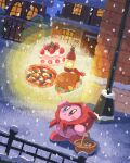  basket bottle building cake cake_slice fence food fruit head_scarf highres holding kirby kirby_(series) lamppost little_match_girl meat miclot night no_humans outdoors snow snowing strawberry 