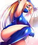  1girl blonde_hair blue_leotard blue_mask blue_thighhighs character_request commission cosplay folding_fan green_eyes hand_fan highres holding holding_fan kitana kitana_(cosplay) leotard mask mortal_kombat_(series) mouth_mask ninja ninja_mask niwatori_(eck16614) skeb_commission thighhighs 