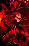  1girl absurdres armored_boots black_bodysuit blue_string bodysuit boots breasts cape chain collared_cape enilefilnoztlaw evil_smile fate/grand_order fate_(series) floating_hair hair_floating_upwards hair_over_mouth highres katana large_breasts long_hair looking_to_the_side medallion molten_rock oda_nobunaga_(fate) oda_nobunaga_(maou_avenger)_(fate) oda_uri red_cape red_eyes red_hair red_trim smile solo sword thigh_strap thighs tight_top two-tone_bodysuit very_long_hair weapon wide_hips 