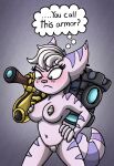  angry_eyes anthro armor blue_eyes blushing_profusely clothing female fur g-string half_naked hammer hi_res lombax mammal mechanical_arm navel pasties pink_nose purple_body purple_fur ratchet_and_clank rift_apart rivet_(ratchet_and_clank) shinragod solo sony_corporation sony_interactive_entertainment speech_bubble thong tools unconvincing_armor underwear 