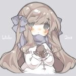  1girl 2018 black_eyes black_mittens blue_background blue_bow blue_scarf blush bow brown_hair coat cold dated english_commentary english_text hair_bow highres light_frown littlebluemuffin long_hair long_sleeves looking_at_viewer new_year original own_hands_clasped own_hands_together painttool_sai_(medium) parted_lips scarf sidelocks upper_body white_bow white_coat wrist_bow yumeruu_(littlebluemuffin) 