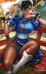  1girl absurdres artist_name black_hair bracelet bun_cover chinese_clothes chun-li double_bun earrings english_text hair_bun highres jewelry lips logan_cure looking_at_viewer pantyhose patreon_logo pearl_earrings puffy_short_sleeves puffy_sleeves realistic short_sleeves spiked_bracelet spikes street_fighter thick_thighs thighs v watermark web_address white_footwear 