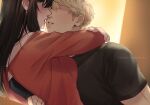  1boy 1girl bare_shoulders black_hair blonde_hair blush breasts earrings eye_contact height_difference hetero highres holding hug husband_and_wife jewelry large_breasts lifting_person long_hair looking_at_another open_mouth red_sweater short_hair sidelocks spy_x_family sweater twilight_(spy_x_family) two-sided_fabric udonoharu yor_briar 