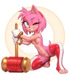  accessory amy_rose anthro big_eyes bracelet breasts claws clothing eulipotyphlan eyelashes female fur genitals green_eyes hair hair_accessory hairband hammer hedgehog hi_res jewelry kneeling legwear mammal mostly_nude nipples on_one_knee one_eye_closed pink_body pink_fur pink_hair pussy sega solo sonic_the_hedgehog_(series) stockings thigh_highs toe_claws tools w4g4 wink 