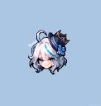  1girl ahoge black_headwear blue_eyes bow furina_(genshin_impact) genshin_impact hat hat_bow multicolored_hair pixel_art sana_(ansancityboy) smile solo streaked_hair swept_bangs top_hat white_bow white_hair 