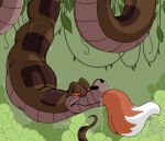  abdominal_bulge ambiguous_gender anthro bodily_fluids canid canine duo fox kaa_(jungle_book) male mammal oral_vore plant reptile saliva scalie shrub sinscaliecringe_(artistdragon) snake swallowing the_jungle_book vines vore 