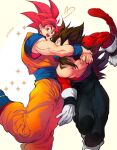  black_hair blue_sash dougi dragon_ball dragon_ball_heroes dragon_ball_super gloves long_hair looking_at_viewer male_focus monkey_boy monkey_tail multiple_boys muscular muscular_male ommmyoh open_mouth pants red_fur saiyan sash smile son_goku spiked_hair super_saiyan super_saiyan_4 super_saiyan_god tail time_patrol_(dragon_ball) twitter_username vegeta_(xeno) 