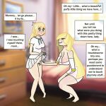  2girls blonde_hair clothes_lift crotch_grab dress embarrassed flashing incest lifted_by_self lillie_(pokemon) lusamine_(pokemon) measuring multiple_girls panties pink_panties pokemon punishment sailor_dress shy skirt skirt_lift underwear white_dress zsarts 