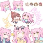  6+girls :3 :d ;3 blue_hoodie blush_stickers brown_hair character_name chibi closed_eyes commentary drawstring eyewear_on_head finger_to_mouth hair_between_eyes heart highres hood hoodie hozuki_momiji long_hair multiple_girls multiple_views murosaki_miyo nagase_miyako oka_asahi one_eye_closed onii-chan_wa_oshimai! oyama_mahiro pink_hair simple_background skirt smile star-shaped_eyewear sunglasses two_side_up white_background yasaka_mai yuuhikureroom6 