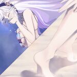  1girl asphyxiation barefoot biru_saeika breasts copyright_request corrin_(female)_(fire_emblem) corrin_(fire_emblem) drowning feet highres holding_breath long_hair peril shell shell_bikini sitting soles underwater white_hair 