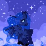  1:1 blue_body blue_eyes blue_feathers blue_fur blue_hair blue_mane blue_tail cursedsooooul cutie_mark equid equine ethereal_hair ethereal_mane ethereal_tail eyebrows eyelashes feathered_wings feathers female feral friendship_is_magic fur hair hasbro hi_res horn long_horn looking_at_viewer looking_back looking_back_at_viewer mammal mane my_little_pony princess_luna_(mlp) pseudo_hair pseudo_mane sitting solo tail winged_unicorn wings 