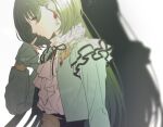  1girl belt belt_buckle black_belt black_ribbon blush breasts buckle closed_mouth earrings egawa_satsuki finger_to_mouth frilled_jacket frilled_shirt_collar frills from_side green_hair green_jacket hand_up idolmaster idolmaster_shiny_colors jacket jewelry long_hair long_sleeves looking_at_viewer medium_breasts nail_polish nanakusa_nichika neck_ribbon open_clothes open_jacket red_eyes red_nails ribbon shadow shirt solo upper_body white_background white_shirt 