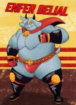  absurd_res anthro belly bovid bulge cape caprine championship_belt clothing demon enfer_belial fur goat grey_body grey_fur hi_res horn kings_of_hell male mammal musclegut nipples pecs solo wrestling_briefs yellow_sclera zac_impact 