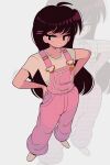  1girl absurdres auri_(xoauri) bishoujo_senshi_sailor_moon black_hair clothes_pin frown hair_ornament hairpin hands_on_own_hips highres hino_rei long_hair overalls pants pink_overalls scowl shirt shoes signature simple_background solo standing t-shirt white_shirt 