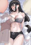  1girl bare_shoulders black_hair black_shorts blush bra breasts choker cleavage closed_eyes collarbone dolphin_shorts grey_bra highres kfr large_breasts long_hair lying navel on_back open_mouth original short_shorts shorts sleeping solo sports_bra stuffed_animal stuffed_toy teddy_bear thighs underwear 