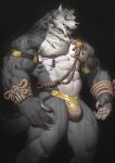  2023 abs anthro biped black_background black_sclera bulge canid canine canis claws digital_media_(artwork) finger_claws fur grey_body grey_fur hi_res male mammal mostly_nude mostly_nude_anthro mostly_nude_male muscular muscular_anthro muscular_male nesskain nipple_piercing nipple_ring nipples pecs piercing ring_piercing simple_background solo white_body white_fur wolf yellow_eyes 