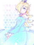  1girl blonde_hair blue_dress blue_eyes brooch crown dress earrings hair_over_one_eye jewelry long_hair long_sleeves looking_at_viewer mario_(series) nukoko12 off-shoulder_dress off_shoulder open_mouth own_hands_together rosalina solo star_(symbol) star_brooch star_earrings super_mario_galaxy 