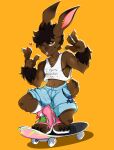  absurd_res anthro cel_shading choco_bunbun colored_nails hi_res lagomorph leporid looking_at_viewer male mammal nails one_eye_closed rabbit shaded simple_background skateboard solo wink 