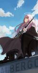  1girl absurdres arknights black_jacket blanket blue_sky blunt_ends cloud collared_shirt commentary full_body gun halo highres holding holding_gun holding_weapon jacket lemuen_(arknights) long_hair long_sleeves looking_at_viewer looking_up nanase_(nanase_cg) pink_hair red_eyes rifle rooftop scope shirt sitting sky smile solo weapon wheelchair white_shirt 
