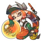  1girl :t boots breasts gloves golden_egg green_footwear green_gloves grey_eyes hat highres inkling inkling_girl innertube medium_breasts off_shoulder orange_hair orange_overalls overalls pointy_ears rope rubber_boots rubber_gloves salmon_run_(splatoon) salmonid shirt simple_background sitting smallfry_(splatoon) splatoon_(series) splatoon_3 tentacle_hair twitter_username white_background white_shirt yu-ri 