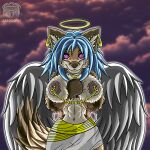  1:1 2023 abs alyk_(zardoseus) angel anthro areola big_breasts blue_hair breasts canid canine clothing digital_media_(artwork) ear_piercing eyelashes feathered_wings feathers female fluffy fox fur genitals gold_(metal) gold_jewelry hair halo hi_res huge_breasts jewelry mammal muscular muscular_anthro nipple_piercing nipples nude piercing smile tail thick_thighs wide_hips wings zardoseus 