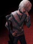  1boy accelerator_(toaru_majutsu_no_index) albino black_choker black_pants blood blood_on_face blood_on_hands cane choker cowboy_shot crutch diagonal-striped_shirt electrodes faux_traditional_media highres holding holding_cane holding_crutch long_sleeves looking_at_viewer official_alternate_costume pale_skin pants red_background red_eyes sanpaku short_hair solo standing toaru_majutsu_no_index two-tone_shirt un_welcomed v-neck white_hair 