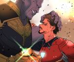 2boys arc_reactor armor avengers:_infinity_war avengers_(series) black_eyes black_shirt broken_armor brown_eyes brown_hair clenched_hand colored_skin evil_smile facial_hair fingernails full_armor hand_on_another&#039;s_head hand_up infinity_gauntlet infinity_gems iron_man long_sleeves looking_at_another male_focus marvel marvel_cinematic_universe multiple_boys power_armor purple_skin red_armor shirt short_hair smile sparkle teeth thanos tony_stark v-shaped_eyebrows yukko93 