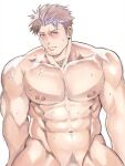  1boy abs bara brown_hair character_request completely_nude copyright_request cowboy_shot goatee_stubble groin highres large_pectorals looking_at_viewer male_focus male_pubic_hair mature_male multicolored_hair muscular muscular_male navel nervous_sweating nipples nude out-of-frame_censoring pectorals pubic_hair purple_hair short_hair sideburns_stubble solo sparse_navel_hair stomach streaked_hair strongman_waist sweat thick_eyebrows turning_head ushio_takigawa 
