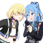  2girls :d bang_dream! belt_buckle black_gloves black_jacket blonde_hair blue_eyes blue_hair blush buckle crop_top cropped_jacket ear_piercing felutiahime floral_print flower glaring gloves hair_ribbon high_ponytail highres holding holding_microphone hololive hoshimachi_suisei jacket leaning_forward long_sleeves microphone midriff multiple_girls navel open_clothes open_jacket open_mouth piercing red_flower ribbon satou_masuki short_hair sidelocks smile star_(symbol) star_in_eye sweatdrop symbol_in_eye virtual_youtuber white_background yellow_eyes 