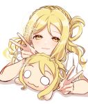  1girl :3 blonde_hair braid commentary_request crown_braid double_v hair_ornament hair_rings highres looking_at_viewer love_live! love_live!_sunshine!! nesoberi nky4321 ohara_mari simple_background solo stuffed_toy swept_bangs upper_body v white_background yellow_eyes 