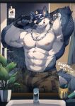  2023 abs absurd_res anthro bottomwear canid canine canis chain_necklace clothed clothing detailed_background fingerless_gloves forgetch gloves grin handwear hi_res jewelry male mammal mirror muscular muscular_male necklace nipples pants police_hat smile solo topless wolf 