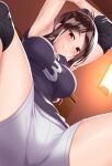  1girl armpits arms_up black_shirt blush breasts brown_hair closed_mouth compression_sleeve elbow_pads from_below huyumitsu indoors jersey knee_pads large_breasts looking_at_viewer original ponytail shirt shorts smile sportswear spread_legs white_shorts 