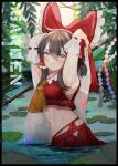  1girl armpits arms_behind_head arms_up ascot bare_shoulders blush bow breasts brown_hair closed_mouth detached_sleeves english_text frilled_bow frilled_hair_tubes frills garden gohei hair_between_eyes hair_bow hair_tubes hakurei_reimu highres holding holding_gohei in_water lily_pad long_sleeves looking_at_viewer medium_hair midriff navel neckerchief outdoors red_shirt red_skirt ribbon ribbon-trimmed_sleeves ribbon_trim shirt sidelocks skirt skirt_set sleeveless sleeveless_shirt smile solo stomach touhou tree two-tone_eyes uchisaki_himari water wet wet_clothes wide_sleeves yellow_neckerchief 