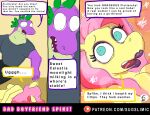  anthro black_eyes comic dialogue dragon duo english_text equid equine female fluttershy_(mlp) friendship_is_magic glamorous hasbro horse male mammal misogyny muscular muscular_male my_little_pony pegasus pony ryona spike_(mlp) sugslimic swollen text wings 