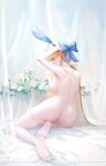  1girl animal_ears ass bare_back bare_shoulders blonde_hair blue_archive blue_eyes bow bowtie breasts censored fake_animal_ears feet flower from_behind hair_bow highres large_breasts legs long_hair looking_at_viewer looking_back mosaic_censoring nipples no_shoes nude official_alternate_costume pussy rabbit_ears revision ruochongsang soles solo thighhighs thighs toes toki_(blue_archive) toki_(bunny)_(blue_archive) very_long_hair 