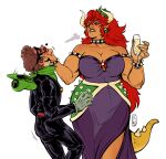  1boy 1girl alcohol alternate_color alternate_costume alternate_hair_color alternate_skin_color armlet armor armored_dress bare_shoulders belly biceps black_bodysuit black_lips blowing_smoke body_freckles bodysuit bowsette bracelet breasts brooch brown_hair champagne champagne_flute cleavage collar collarbone commentary cup curvy dark-skinned_female dark_skin disgust domino_mask dress drinking_glass earrings english_commentary eyeshadow facial_hair femdom fingernails freckles gloves grabbing_another&#039;s_chin green_gloves green_headwear green_neckerchief grey_eyeshadow hand_on_another&#039;s_chin hat hat_removed head_back headwear_removed heart height_difference hetero horns huge_breasts jewelry long_dress long_eyebrows long_hair luigi makeup mario_(series) mask muscular muscular_female mustache neckerchief new_super_mario_bros._u_deluxe pointy_ears purple_dress red_eyes red_hair sharp_fingernails sharp_teeth side_slit spiked_armlet spiked_bracelet spiked_collar spiked_tail spikes strapless strapless_dress super_crown tail teeth tench tusks very_long_hair white_background white_horns 
