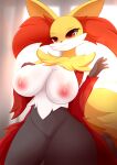  absurd_res anthro areola big_breasts breasts canid canine delphox female fur generation_6_pokemon genitals hi_res inner_ear_fluff mammal nintendo nipples nude pilu_(artist) pokemon pokemon_(species) pussy smile solo tuft white_body white_fur 