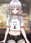  1girl absurdres braid crop_top crop_top_overhang drawstring grey_hair highres hololive looking_at_viewer low_twintails medium_hair midriff murasaki_shion navel shirt shorts single_braid smile solo t-shirt twintails virtual_youtuber wakaunderblade7 white_shirt yellow_eyes 