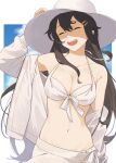  1girl armpits bikini brown_hair closed_eyes dress hair_between_eyes hair_ornament hair_over_shoulder hairclip hand_on_headwear haruna_(kancolle) hat ichiroku_(sakumogu-029) jacket kantai_collection long_hair messy_hair navel open_clothes open_jacket open_mouth outside_border sarong sidelocks simple_background smile solo_focus string_bikini sun_hat swimsuit white_bikini white_dress white_headwear white_jacket white_sarong 