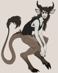  absurd_res anthro arm_tuft black_clothing black_shirt black_t-shirt black_topwear bottomless brown_body brown_fur brown_hair clothed clothing elbow_tuft full-length_portrait fur grin hair hi_res horizontal_pupils horn imperatorcaesar leg_tuft long_hair looking_at_viewer male no_sclera portrait pupils ridged_horn shirt side_view simple_background smile solo species_request t-shirt tail tail_tuft tan_teeth topwear tuft yellow_eyes 