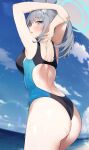  1girl absurdres animal_ear_fluff animal_ears armpits arms_behind_head arms_up ass back_cutout bare_arms bare_back bare_shoulders black_one-piece_swimsuit blue_archive blue_eyes blue_nails breasts clothing_cutout competition_swimsuit cowboy_shot day from_behind grey_hair halo haru_(re_ilust) highleg highleg_swimsuit highres long_hair looking_at_viewer looking_back medium_breasts nail_polish official_alternate_costume one-piece_swimsuit outdoors parted_lips ponytail shiroko_(blue_archive) shiroko_(swimsuit)_(blue_archive) solo standing swimsuit thighs wet wolf_ears 