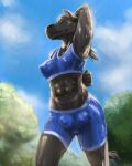 anthro blue_clothing bodily_fluids breasts brown_body brown_fur camel_toe clothing cloudscape equid equine female fur genital_outline hi_res horse mammal muscular muscular_female nib-roc nipple_outline plant pussy_outline sky solo sweat teat_outline teats tree workout_clothing 