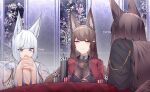  ... 3girls absurdres akagi_(azur_lane) amagi_(azur_lane) animal_ears azur_lane black_kimono blue_eyes blush breasts brown_hair eyeshadow fox_ears fox_girl fox_tail hair_ornament hairpin half-closed_eyes hand_to_own_mouth hands_up highres japanese_clothes kaga_(azur_lane) kimono kitsune large_breasts long_hair makeup medium_hair multiple_girls multiple_tails nervous playing poker_chip purple_eyes red_eyeshadow red_kimono samip slit_pupils smile smug tail very_long_hair white_hair white_kimono 