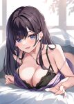  1girl :d black_bra black_hair blue_eyes blush bra breasts camisole cleavage highres large_breasts long_hair looking_at_viewer lying on_stomach open_mouth original oryo_(oryo04) purple_camisole smile solo strap_slip underwear 