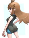  1girl black_shirt blue_shorts bracelet brown_eyes brown_hair commentary_request facing_away gonzarez green_(pokemon) hand_on_own_hip highres holding holding_poke_ball jewelry long_hair looking_at_viewer looking_back poke_ball poke_ball_(basic) pokemon pokemon_(game) pokemon_lgpe shirt short_shorts shorts simple_background sleeveless solo white_background 